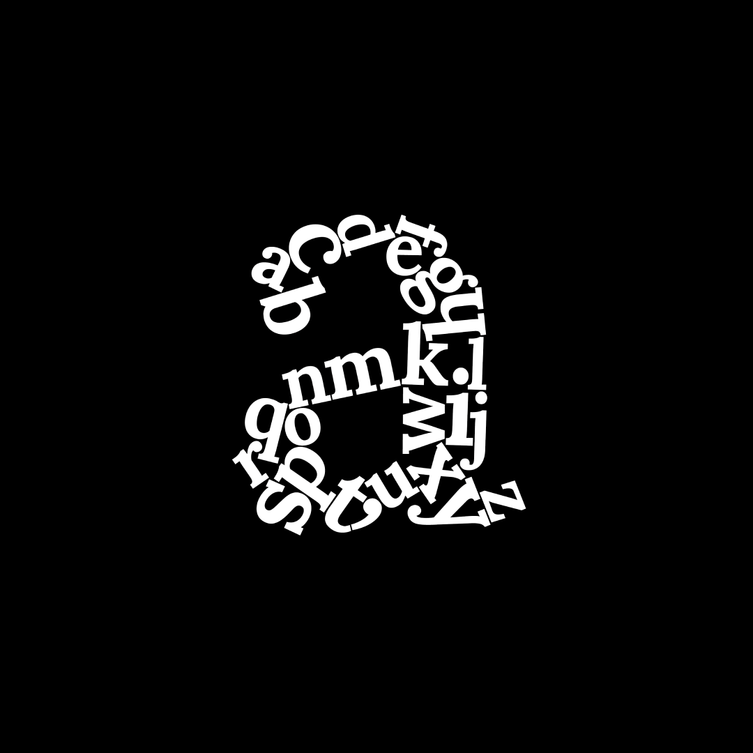 Lowercase "a" made up of all 26 letters of the alphabet.